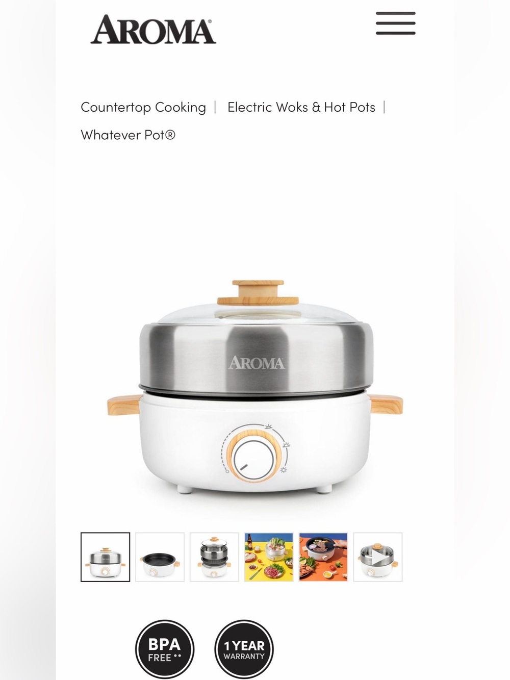 Aroma Home White and Silver Electric Whatever Pot with Wood Accents